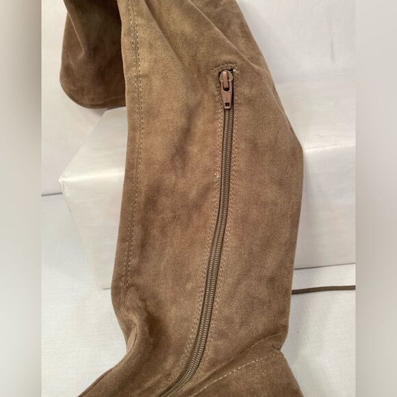 TAUPE FAUX SUEDE THIGH HIGH BOOTS SIZE 11 4” HEELS NWOT - Picture 3 of 7